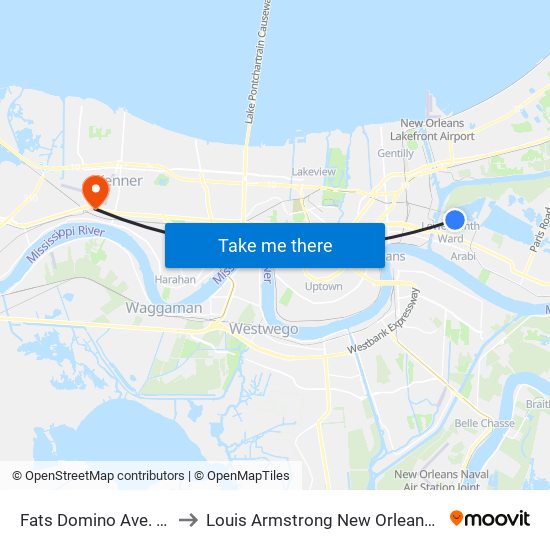 Fats Domino Ave. at N. Dorgenois St. to Louis Armstrong New Orleans International Airport - MSY map