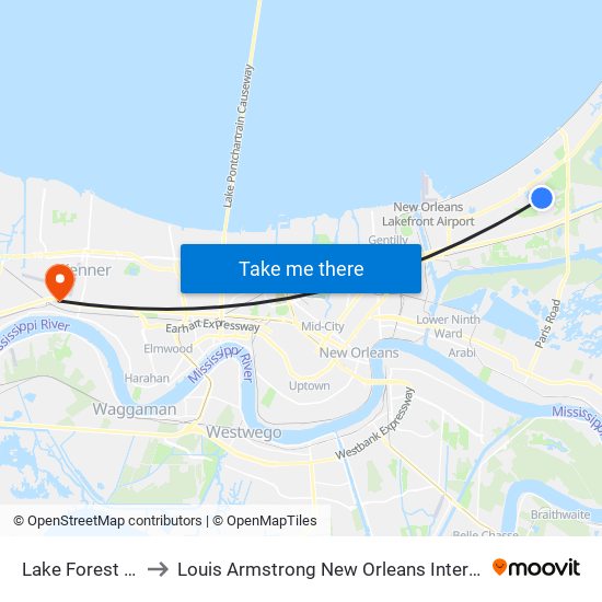 Lake Forest at Bullard to Louis Armstrong New Orleans International Airport - MSY map