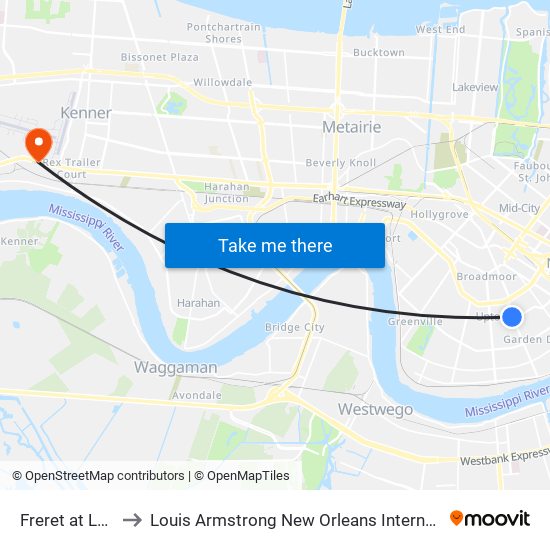 Freret at Louisiana to Louis Armstrong New Orleans International Airport - MSY map