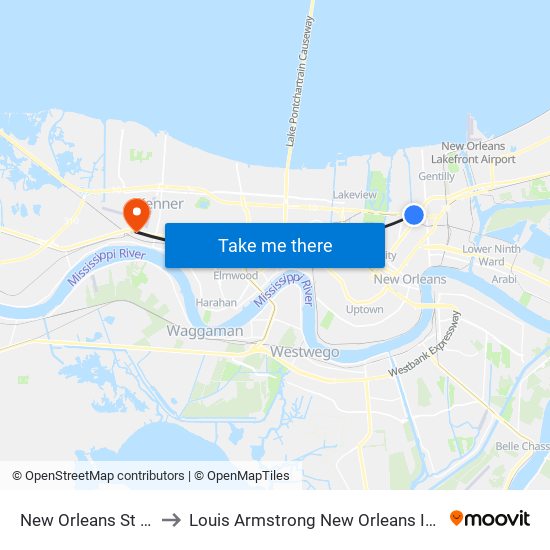 New Orleans St at Pleasure St. to Louis Armstrong New Orleans International Airport - MSY map