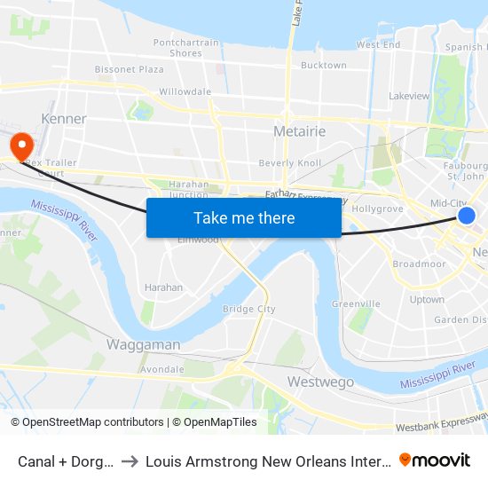 Canal + Dorgenois (In) to Louis Armstrong New Orleans International Airport - MSY map