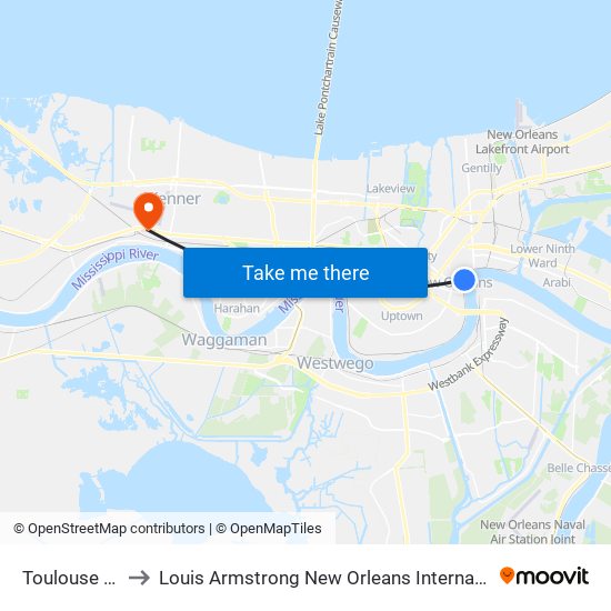 Toulouse Station to Louis Armstrong New Orleans International Airport - MSY map