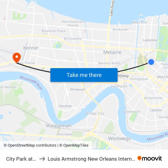 City Park at St Louis to Louis Armstrong New Orleans International Airport - MSY map