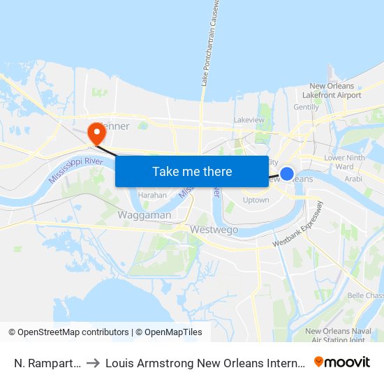 N. Rampart + Conti to Louis Armstrong New Orleans International Airport - MSY map