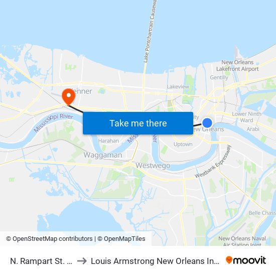 N. Rampart St. at St. Ann St. to Louis Armstrong New Orleans International Airport - MSY map