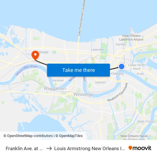 Franklin Ave. at St. Claude Ave. to Louis Armstrong New Orleans International Airport - MSY map