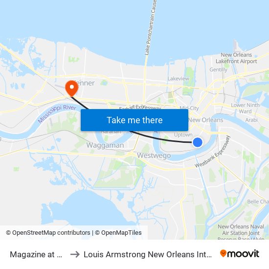 Magazine at Third Street to Louis Armstrong New Orleans International Airport - MSY map