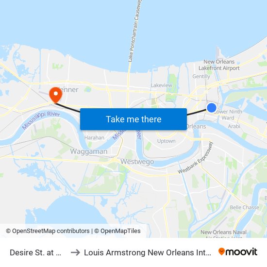Desire St. at N. Galvez St. to Louis Armstrong New Orleans International Airport - MSY map