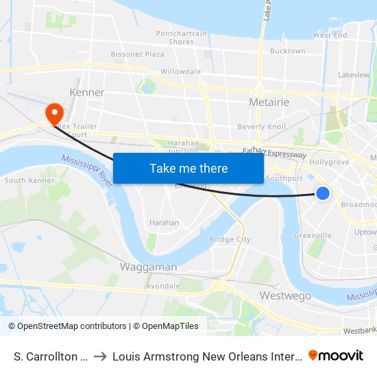 S. Carrollton at Spruce to Louis Armstrong New Orleans International Airport - MSY map