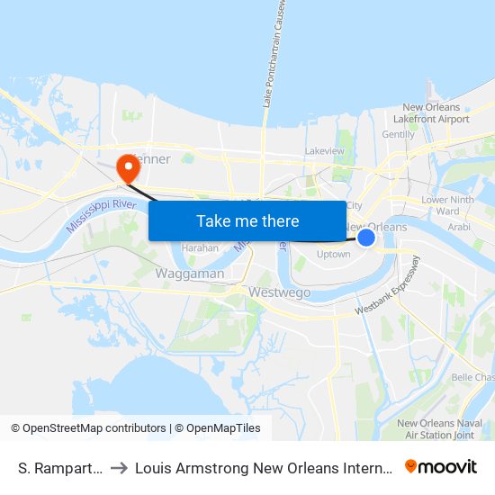 S. Rampart at Julia to Louis Armstrong New Orleans International Airport - MSY map