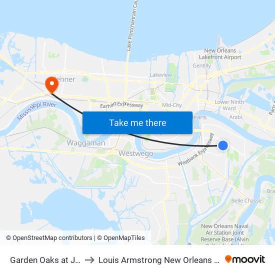 Garden Oaks at Jackson Landing to Louis Armstrong New Orleans International Airport - MSY map