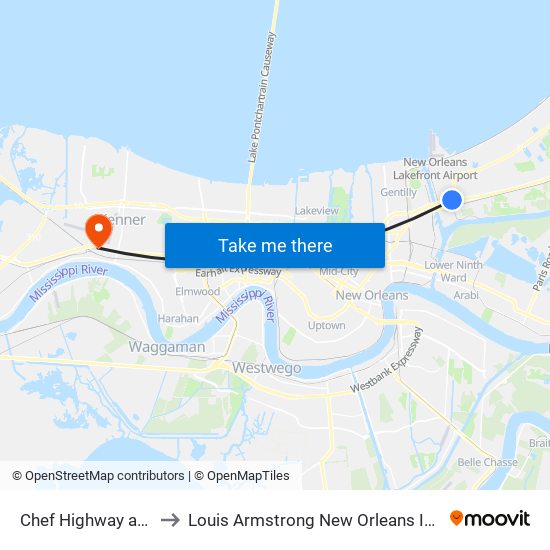 Chef Highway at Majestic Oak to Louis Armstrong New Orleans International Airport - MSY map