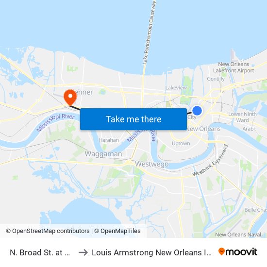 N. Broad St. at Esplanade Ave. to Louis Armstrong New Orleans International Airport - MSY map
