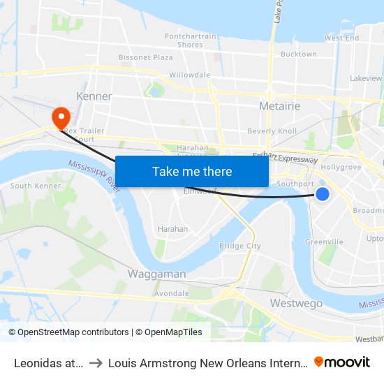 Leonidas at Hickory to Louis Armstrong New Orleans International Airport - MSY map