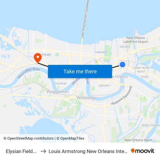 Elysian Fields at Galvez to Louis Armstrong New Orleans International Airport - MSY map