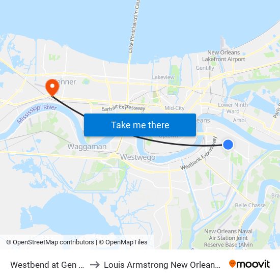 Westbend at Gen Degaulle (Farside) to Louis Armstrong New Orleans International Airport - MSY map