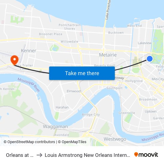 Orleans at Navarre to Louis Armstrong New Orleans International Airport - MSY map