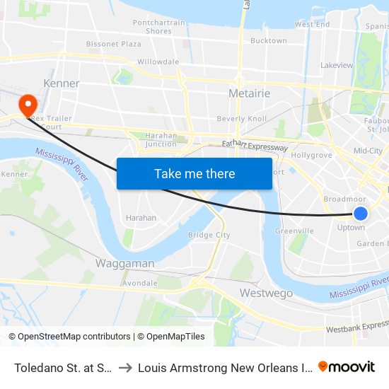 Toledano St. at S. Claiborne Ave. to Louis Armstrong New Orleans International Airport - MSY map