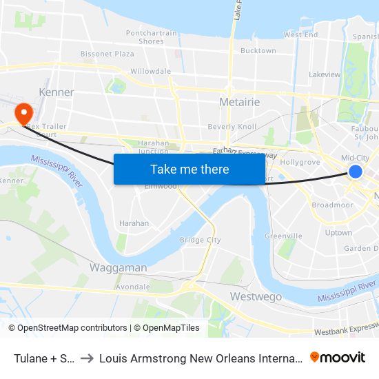 Tulane + S. White to Louis Armstrong New Orleans International Airport - MSY map