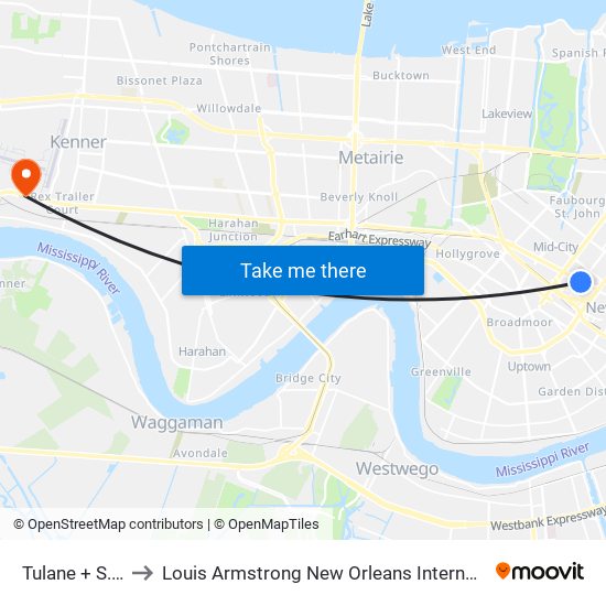 Tulane + S. Galvez to Louis Armstrong New Orleans International Airport - MSY map