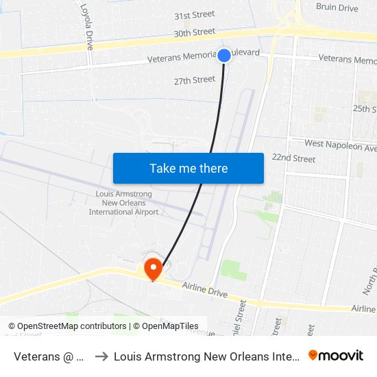 Veterans @ Bainbridge to Louis Armstrong New Orleans International Airport - MSY map