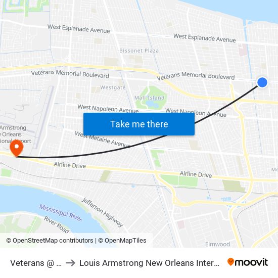 Veterans @ Richland to Louis Armstrong New Orleans International Airport - MSY map