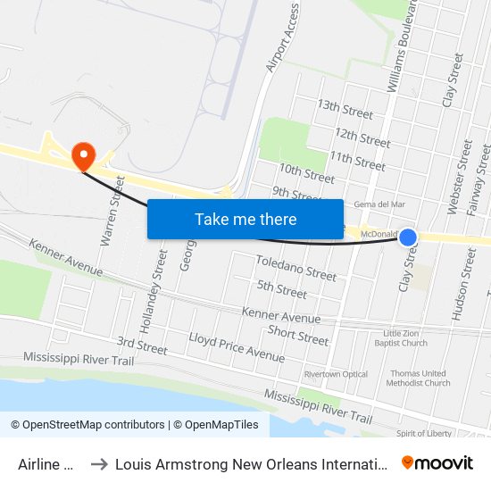 Airline @ Clay to Louis Armstrong New Orleans International Airport - MSY map