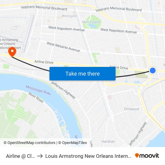 Airline @ Clearview to Louis Armstrong New Orleans International Airport - MSY map