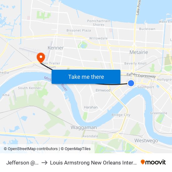 Jefferson @ Williams to Louis Armstrong New Orleans International Airport - MSY map