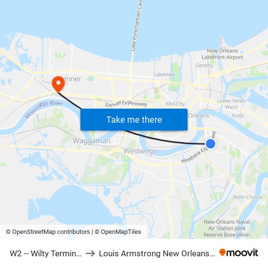 W2 -- Wilty Terminal To Walkertown to Louis Armstrong New Orleans International Airport - MSY map