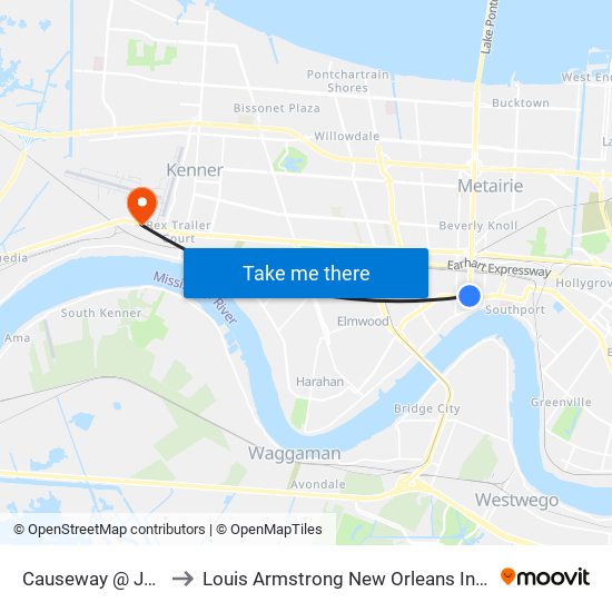 Causeway @ Jefferson Hwy to Louis Armstrong New Orleans International Airport - MSY map