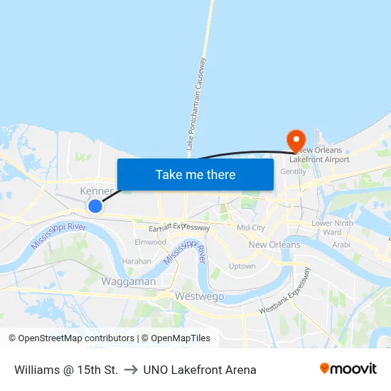 Williams @ 15th St. to UNO Lakefront Arena map