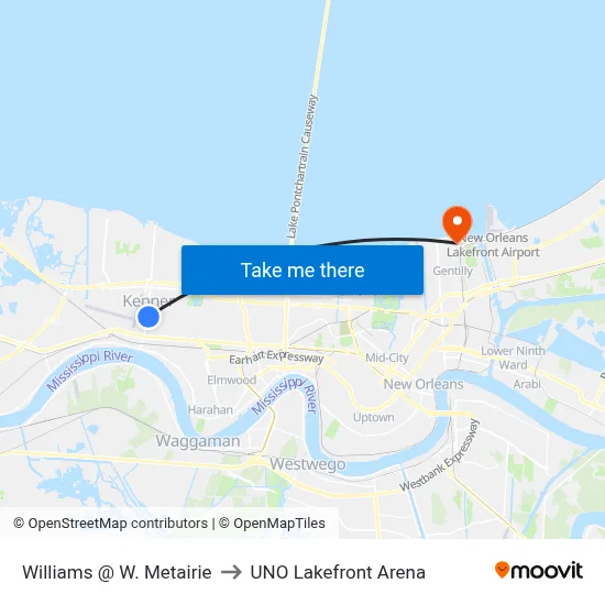 Williams @ W. Metairie to UNO Lakefront Arena map