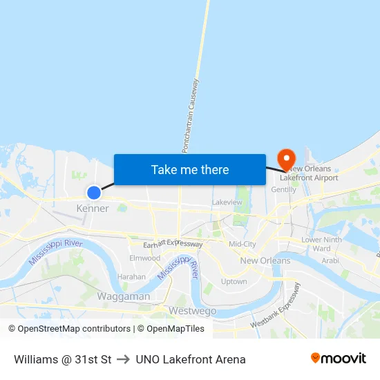Williams @ 31st St to UNO Lakefront Arena map