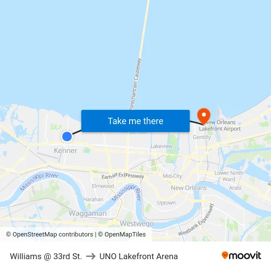 Williams @ 33rd St. to UNO Lakefront Arena map
