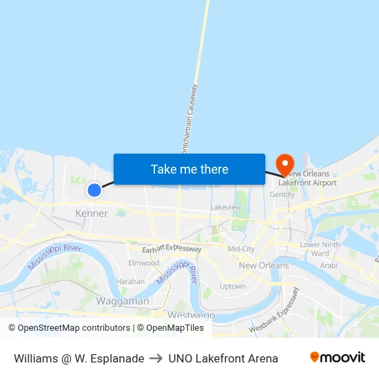 Williams @ W. Esplanade to UNO Lakefront Arena map