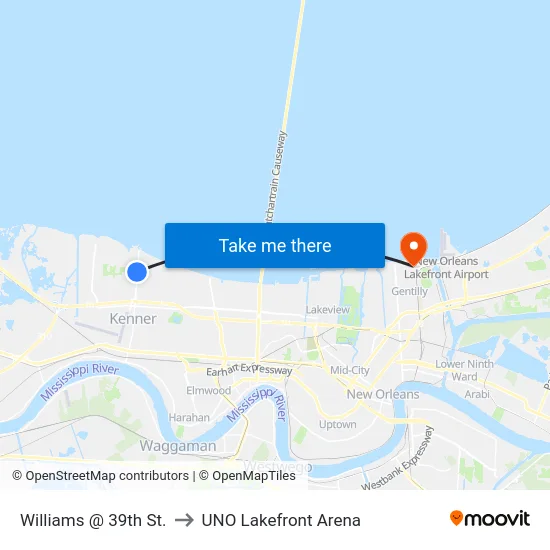 Williams @ 39th St. to UNO Lakefront Arena map
