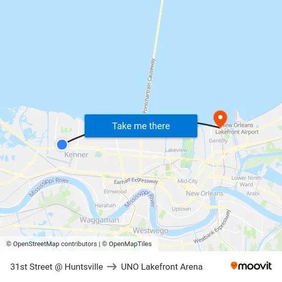 31st Street @ Huntsville to UNO Lakefront Arena map