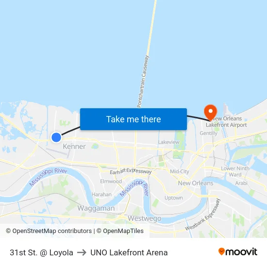 31st St. @ Loyola to UNO Lakefront Arena map