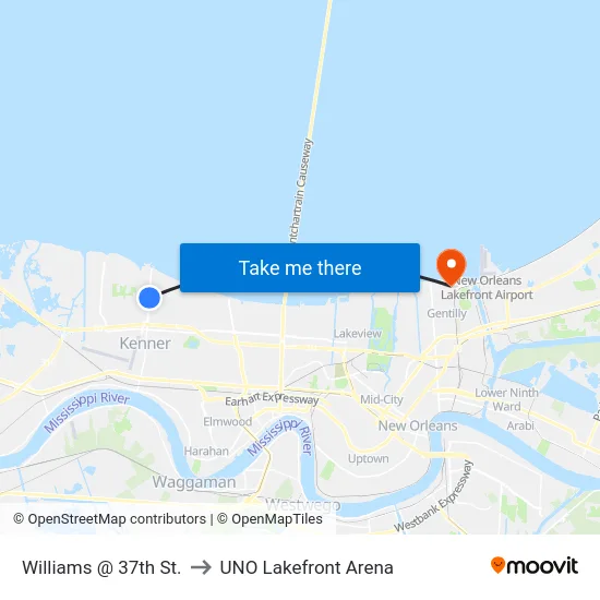 Williams @ 37th St. to UNO Lakefront Arena map