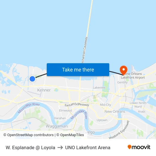 W. Esplanade @ Loyola to UNO Lakefront Arena map