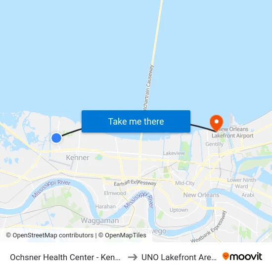 Ochsner Health Center - Kenner to UNO Lakefront Arena map