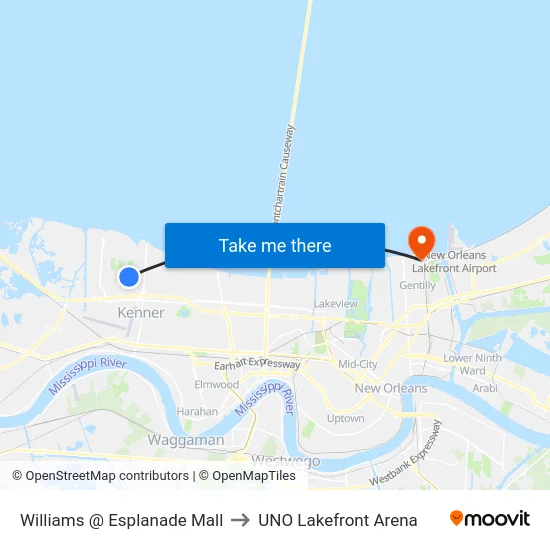 Williams @ Esplanade Mall to UNO Lakefront Arena map