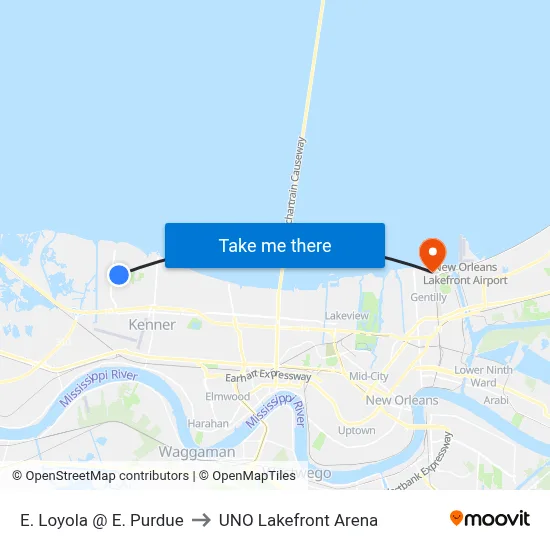 E. Loyola @ E. Purdue to UNO Lakefront Arena map
