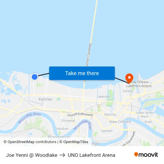 Joe Yenni @ Woodlake to UNO Lakefront Arena map