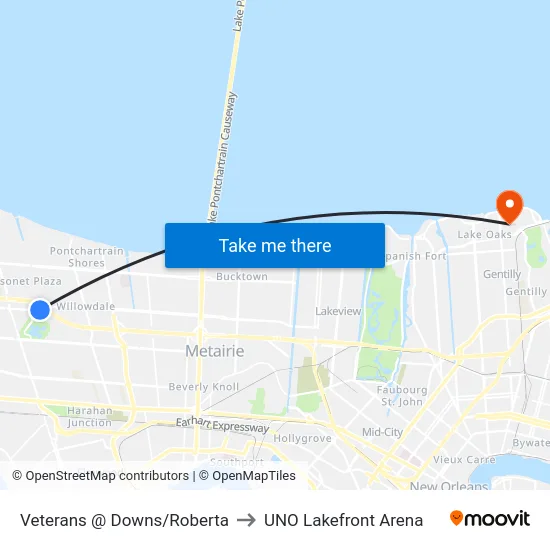 Veterans @ Downs/Roberta to UNO Lakefront Arena map