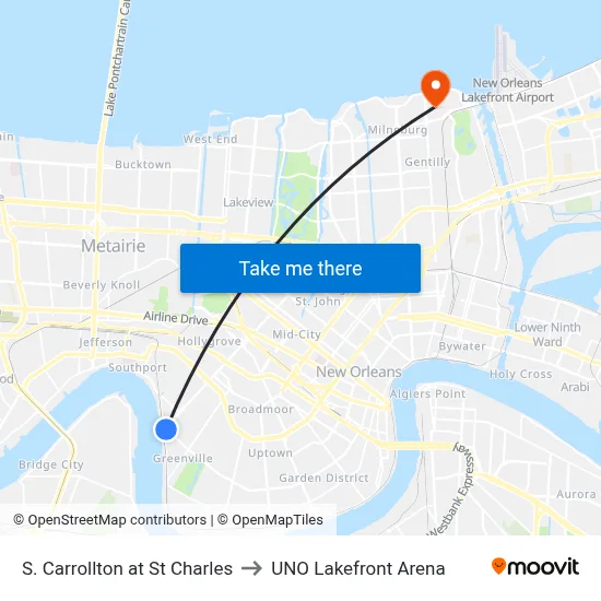 S. Carrollton at St Charles to UNO Lakefront Arena map