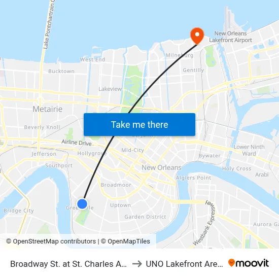 Broadway St. at St. Charles Ave. to UNO Lakefront Arena map