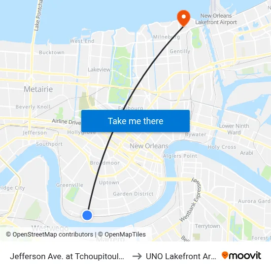 Jefferson Ave. at Tchoupitoulas St. to UNO Lakefront Arena map