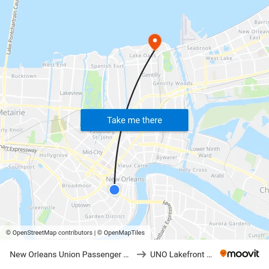 New Orleans Union Passenger Terminal to UNO Lakefront Arena map